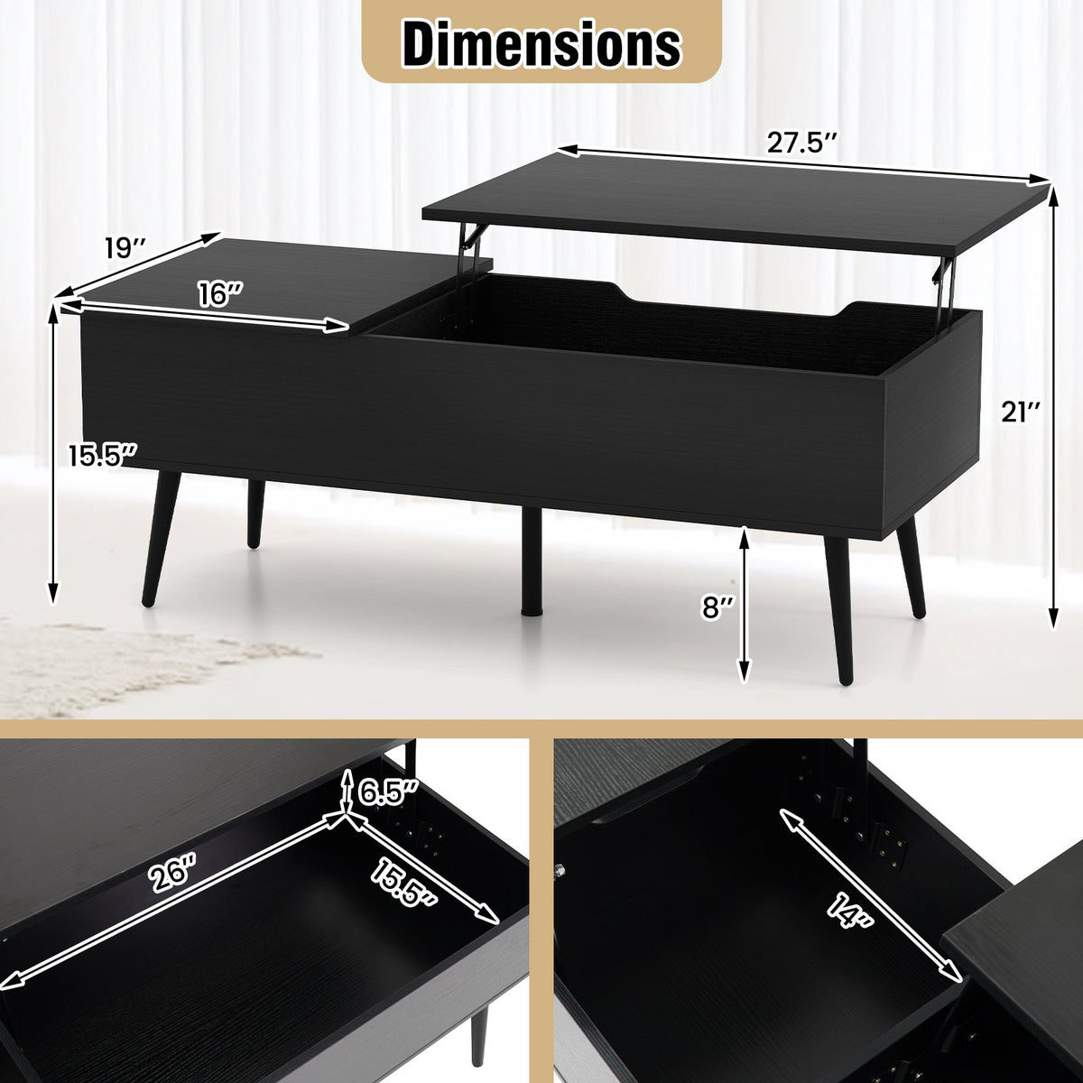47 Inch Lift Top Coffee Table with 2 Hidden Compartments-Black view 5