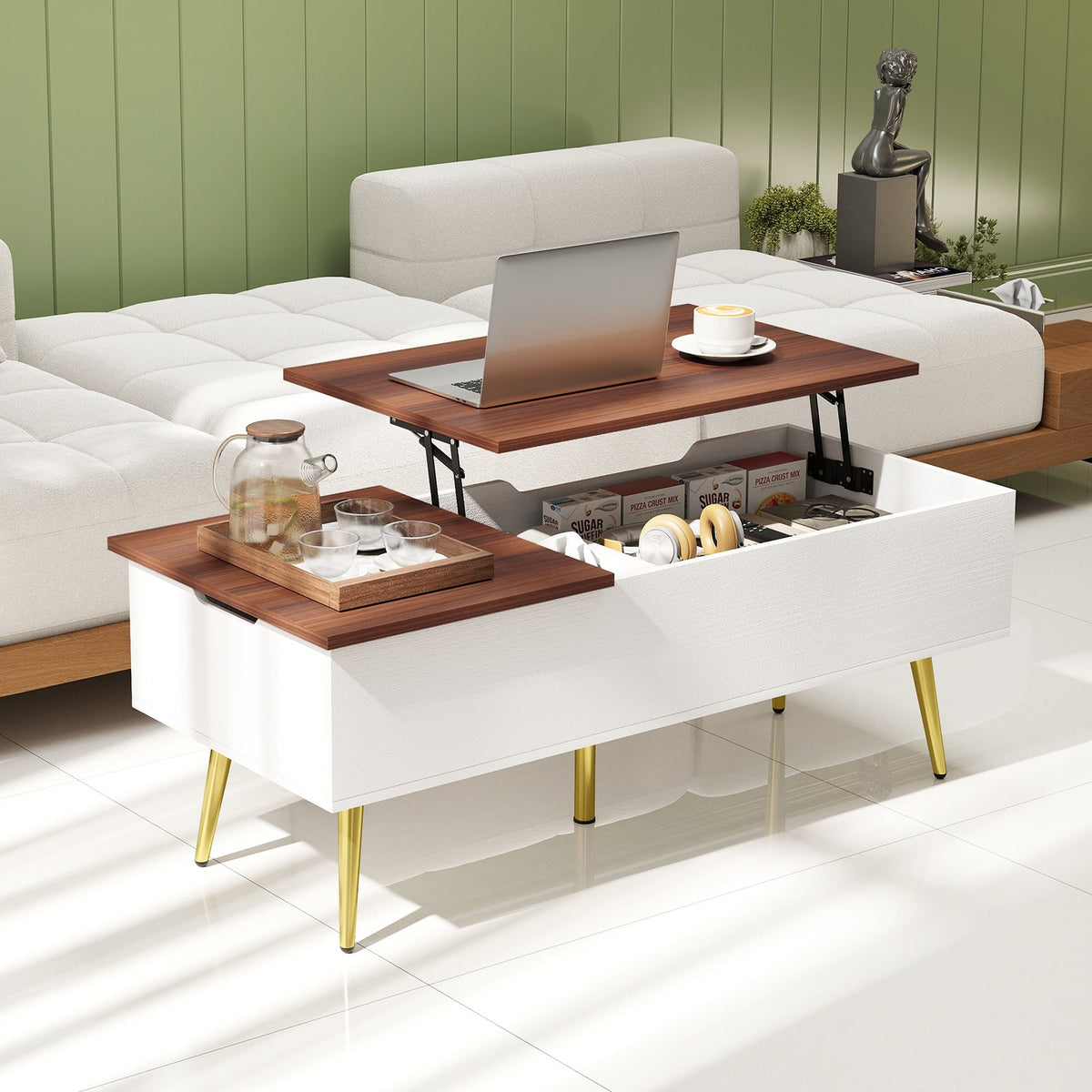 47 Inch Lift Top Coffee Table with 2 Hidden Compartments-Walnut view 3