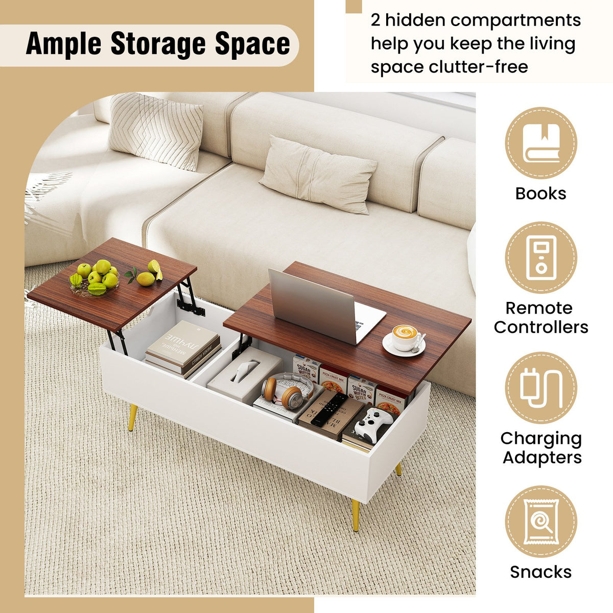 47 Inch Lift Top Coffee Table with 2 Hidden Compartments-Walnut view 7