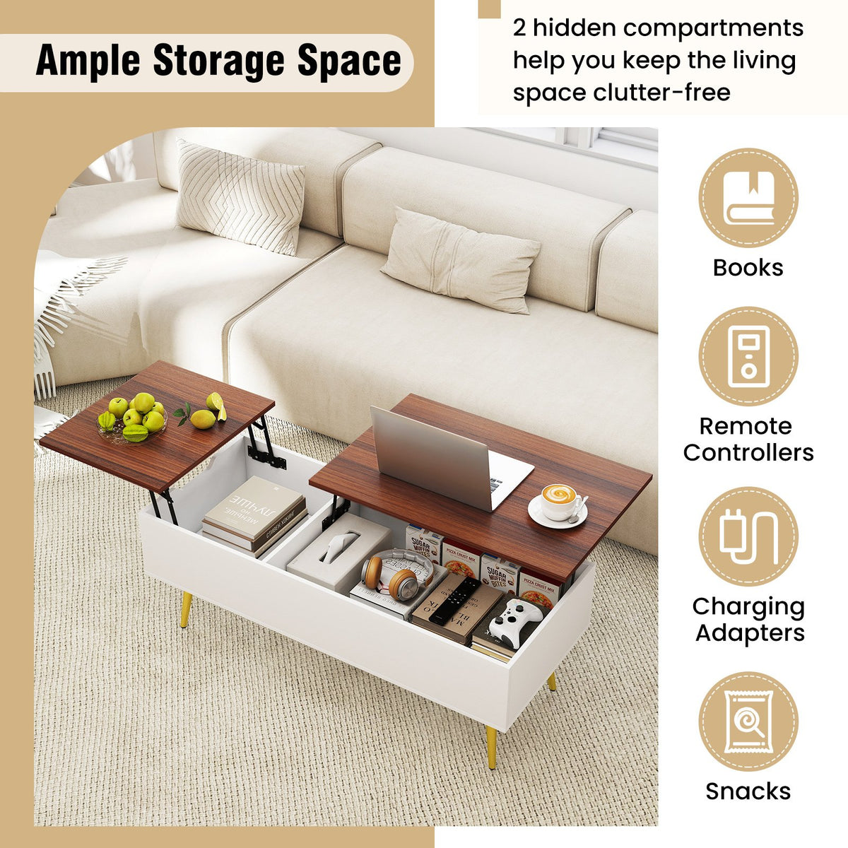 47 Inch Lift Top Coffee Table with 2 Hidden Compartments-Walnut view 9