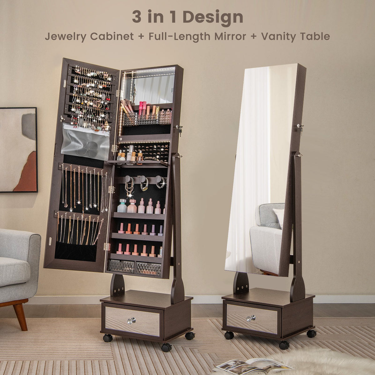 47 Inch Lockable Jewelry Cabinet Armoire with 3-Color LED Lights-Brown view 5