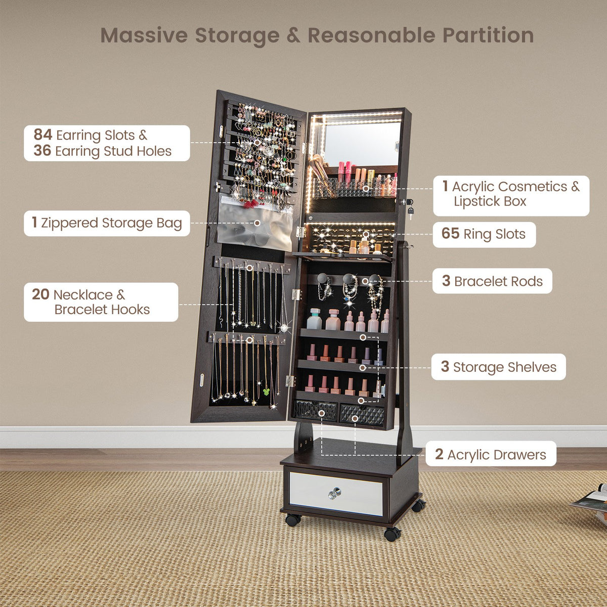 47 Inch Lockable Jewelry Cabinet Armoire with 3-Color LED Lights-Brown view 6