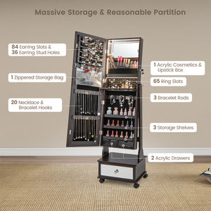 47 Inch Lockable Jewelry Cabinet Armoire with 3-Color LED Lights-Brown view 6