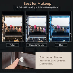 47 Inch Lockable Jewelry Cabinet Armoire with 3-Color LED Lights-Brown view 7