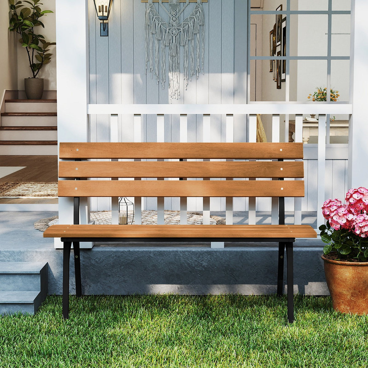 47 Inch Outdoor Acacia Wood Bench with Metal Frame and Slatted Seat view 3
