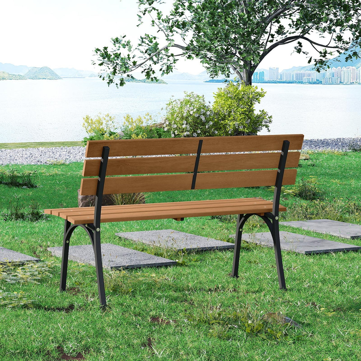 47 Inch Outdoor Acacia Wood Bench with Metal Frame and Slatted Seat view 6