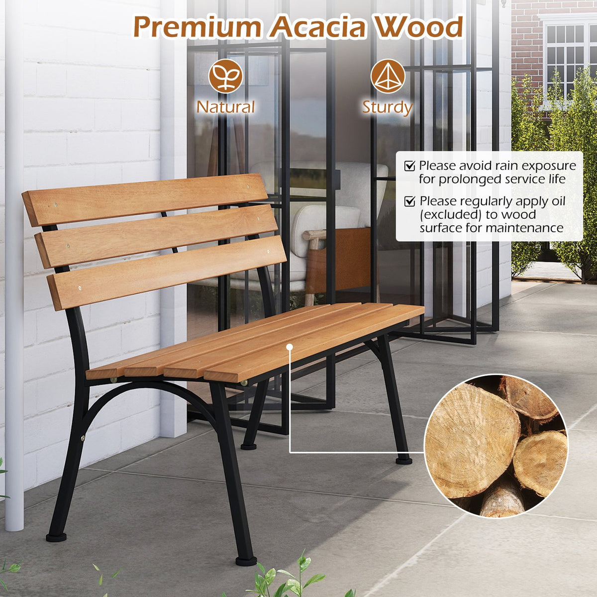 47 Inch Outdoor Acacia Wood Bench with Metal Frame and Slatted Seat view 7