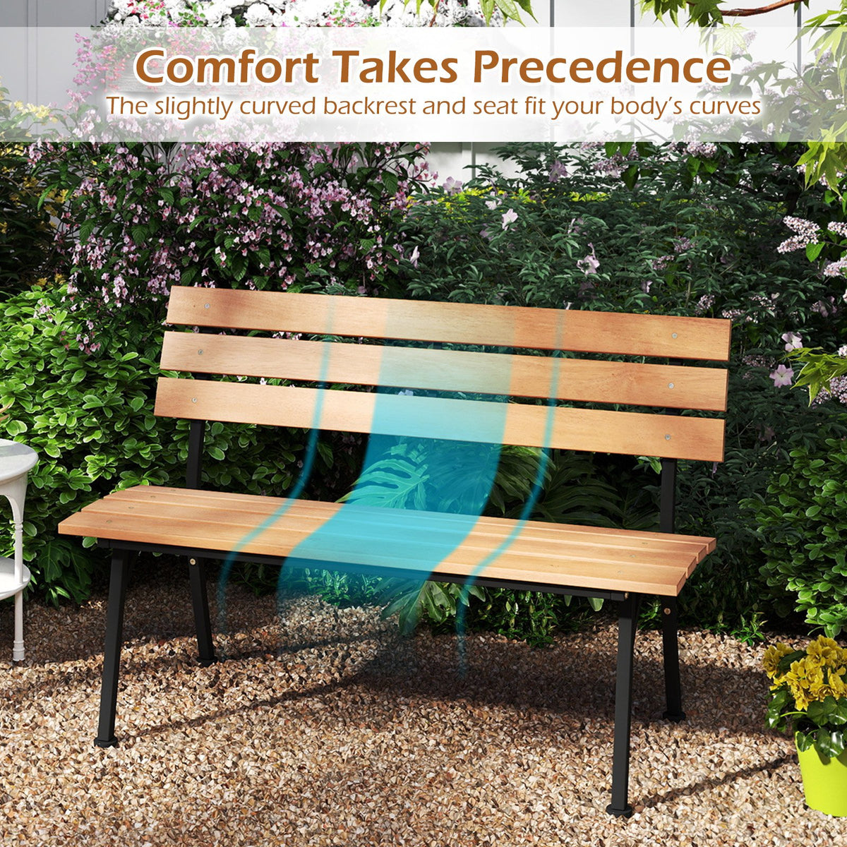 47 Inch Outdoor Acacia Wood Bench with Metal Frame and Slatted Seat view 9