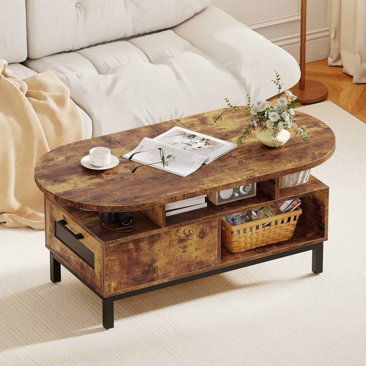 47 Inch Oval Coffee Table with Storage and Open Compartments for Living Room-Rustic Brown view 2