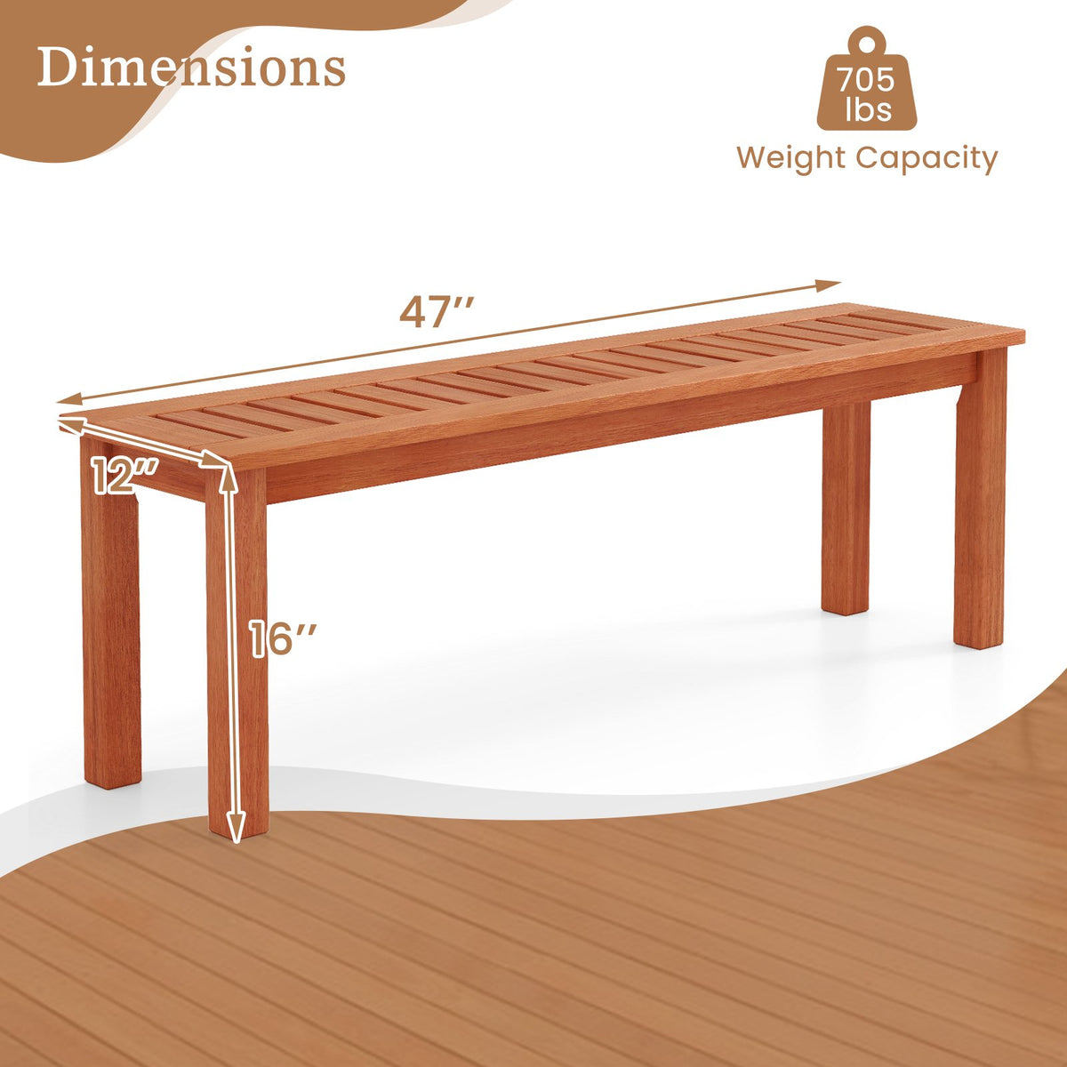 47 Inch Patio Wood Bench with Slatted Seat 2-Person view 4