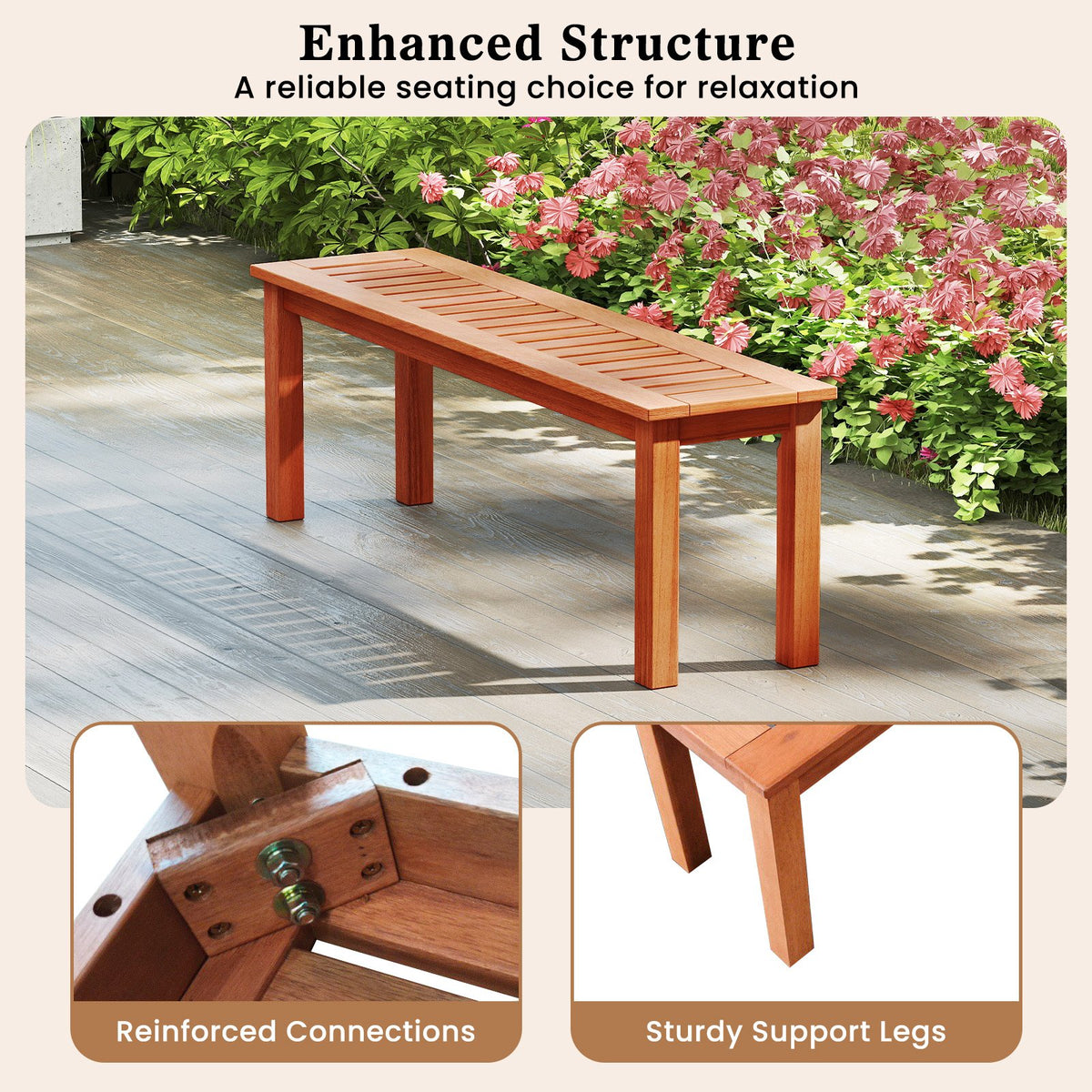 47 Inch Patio Wood Bench with Slatted Seat 2-Person view 7