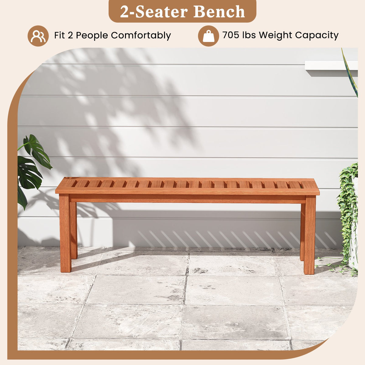 47 Inch Patio Wood Bench with Slatted Seat 2-Person view 8