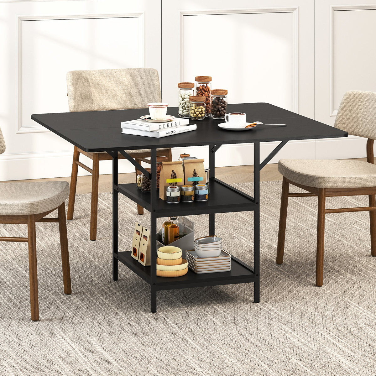 47 Inch Rectangular Dining Table with 2 Open Storage Shelves and Sturdy Metal Legs for 4-6-Black view 3
