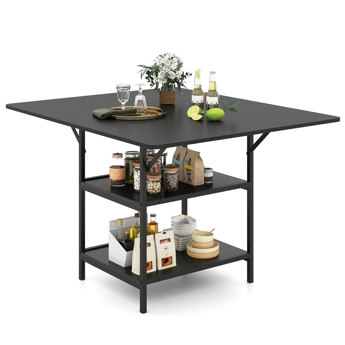 47 Inch Rectangular Dining Table with 2 Open Storage Shelves and Sturdy Metal Legs for 4-6-Black view 4