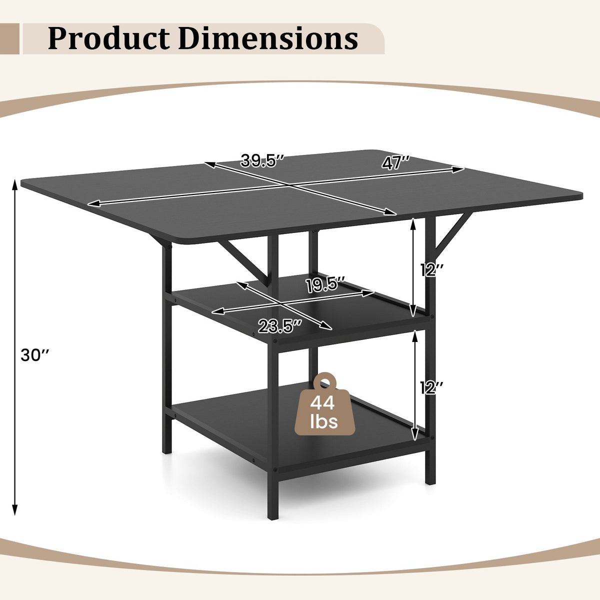 47 Inch Rectangular Dining Table with 2 Open Storage Shelves and Sturdy Metal Legs for 4-6-Black view 5