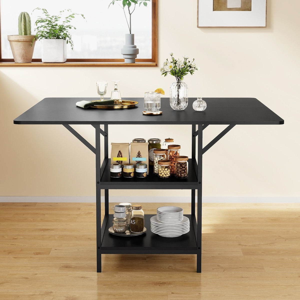 47 Inch Rectangular Dining Table with 2 Open Storage Shelves and Sturdy Metal Legs for 4-6-Black view 6