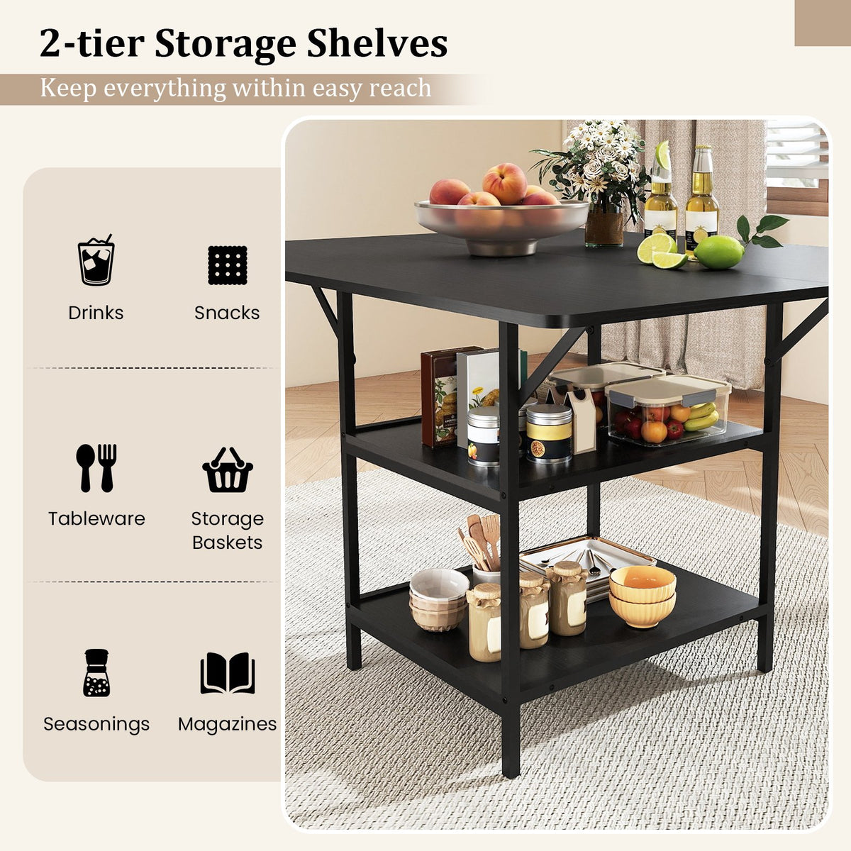 47 Inch Rectangular Dining Table with 2 Open Storage Shelves and Sturdy Metal Legs for 4-6-Black view 7