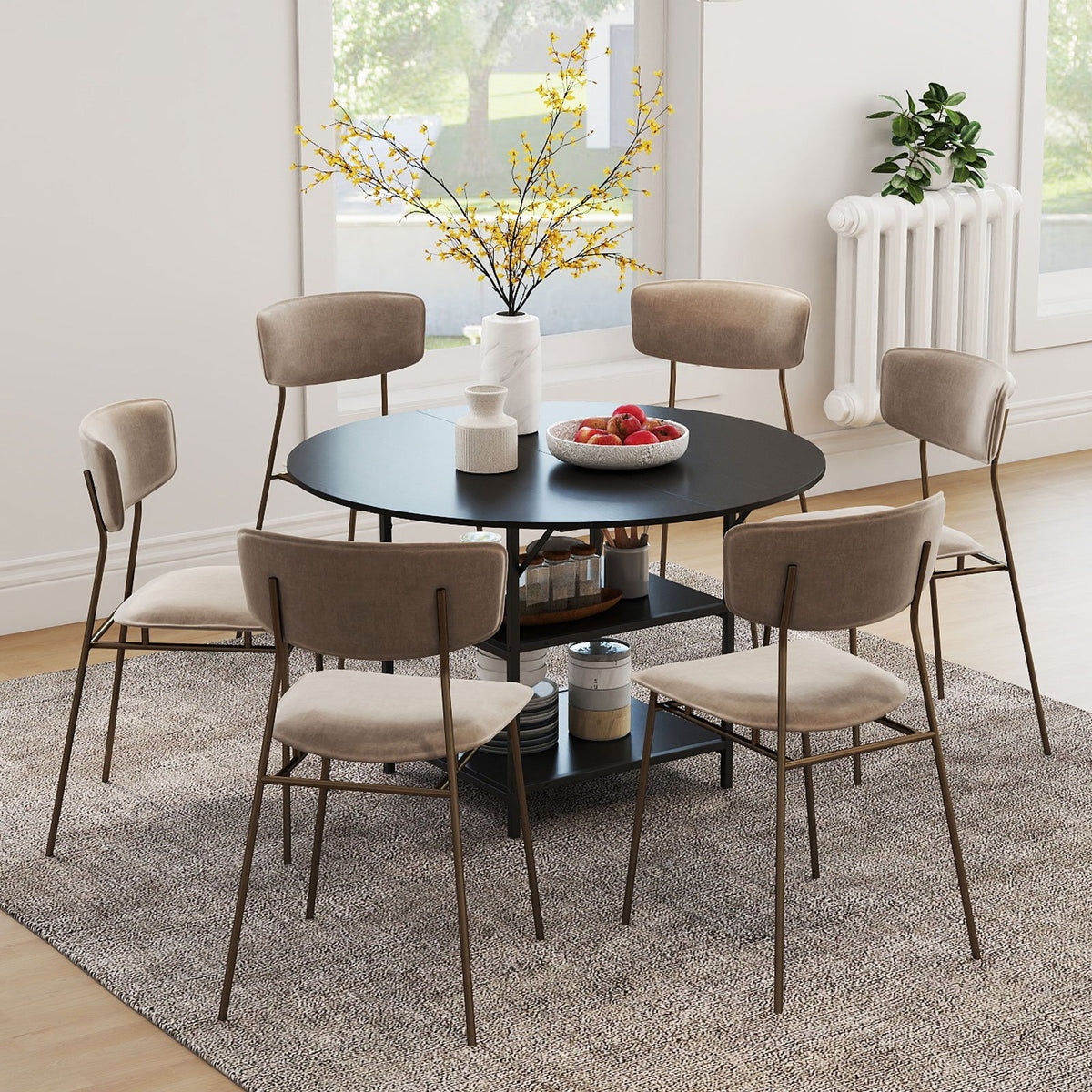 47 Inch Round Dining Table for 4-6 People Large Kitchen Table with 2-Tier Storage Shelves-Black view 2