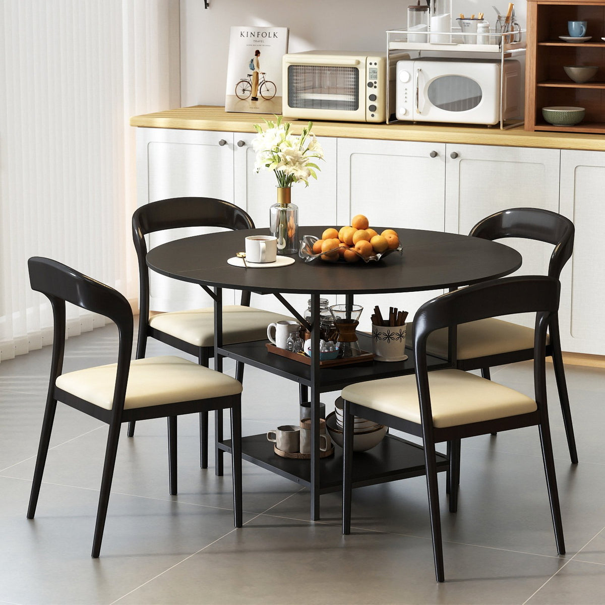47 Inch Round Dining Table for 4-6 People Large Kitchen Table with 2-Tier Storage Shelves-Black view 3