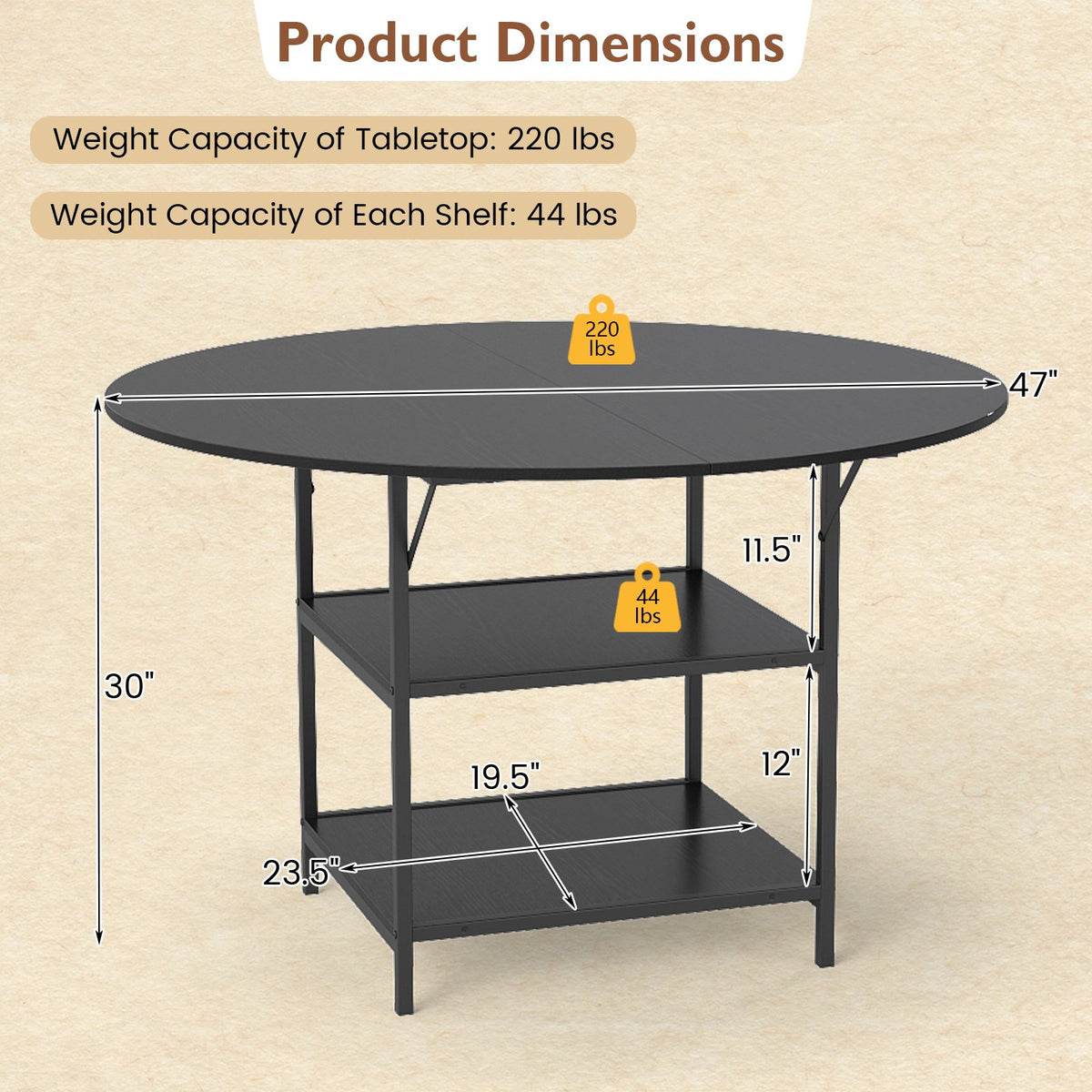 47 Inch Round Dining Table for 4-6 People Large Kitchen Table with 2-Tier Storage Shelves-Black view 5