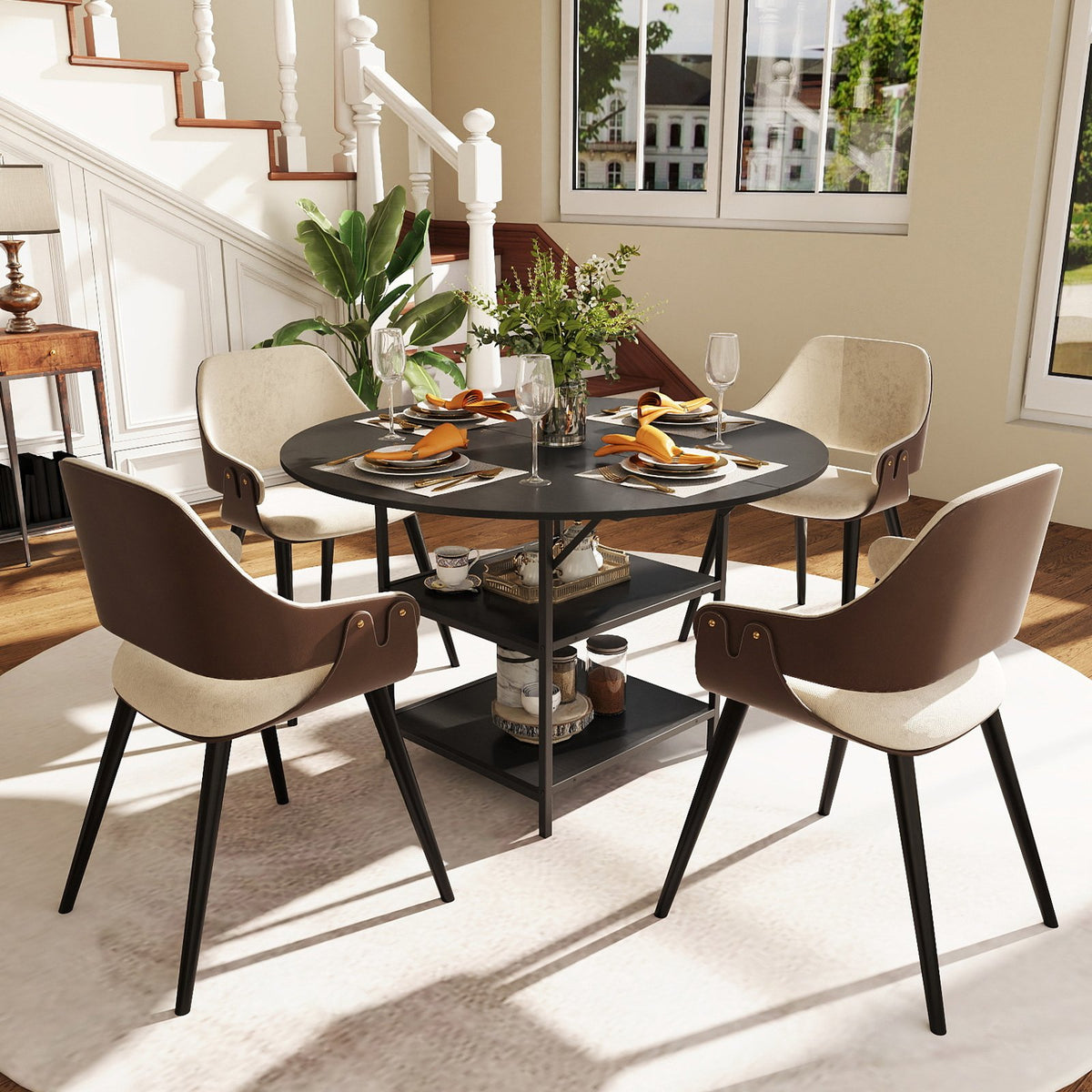47 Inch Round Dining Table for 4-6 People Large Kitchen Table with 2-Tier Storage Shelves-Black view 6