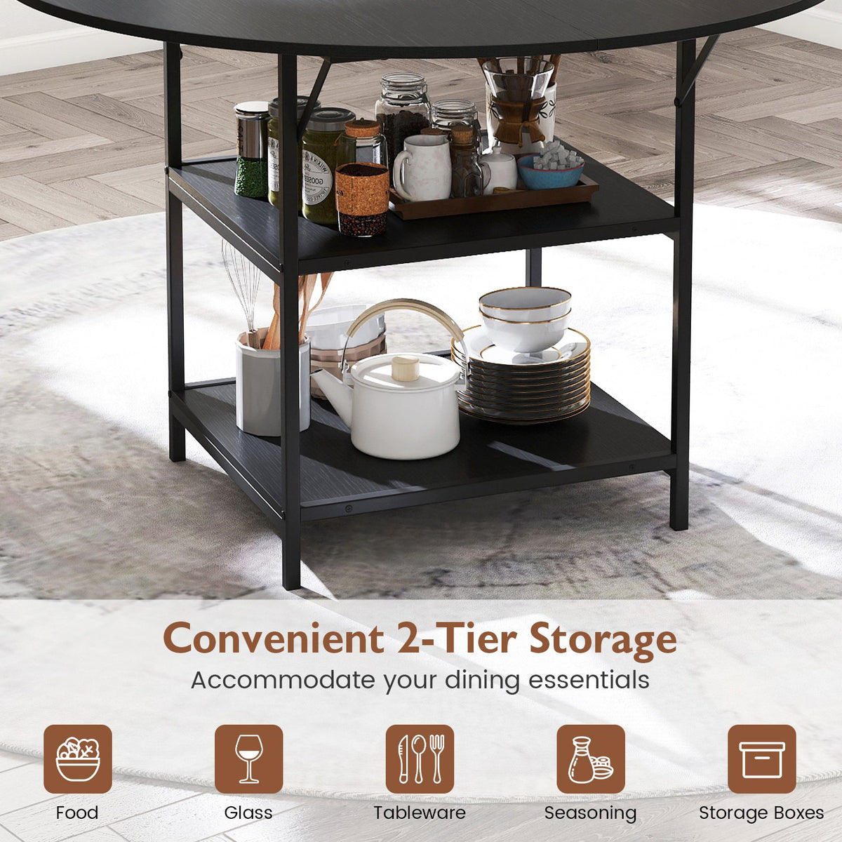 47 Inch Round Dining Table for 4-6 People Large Kitchen Table with 2-Tier Storage Shelves-Black view 8