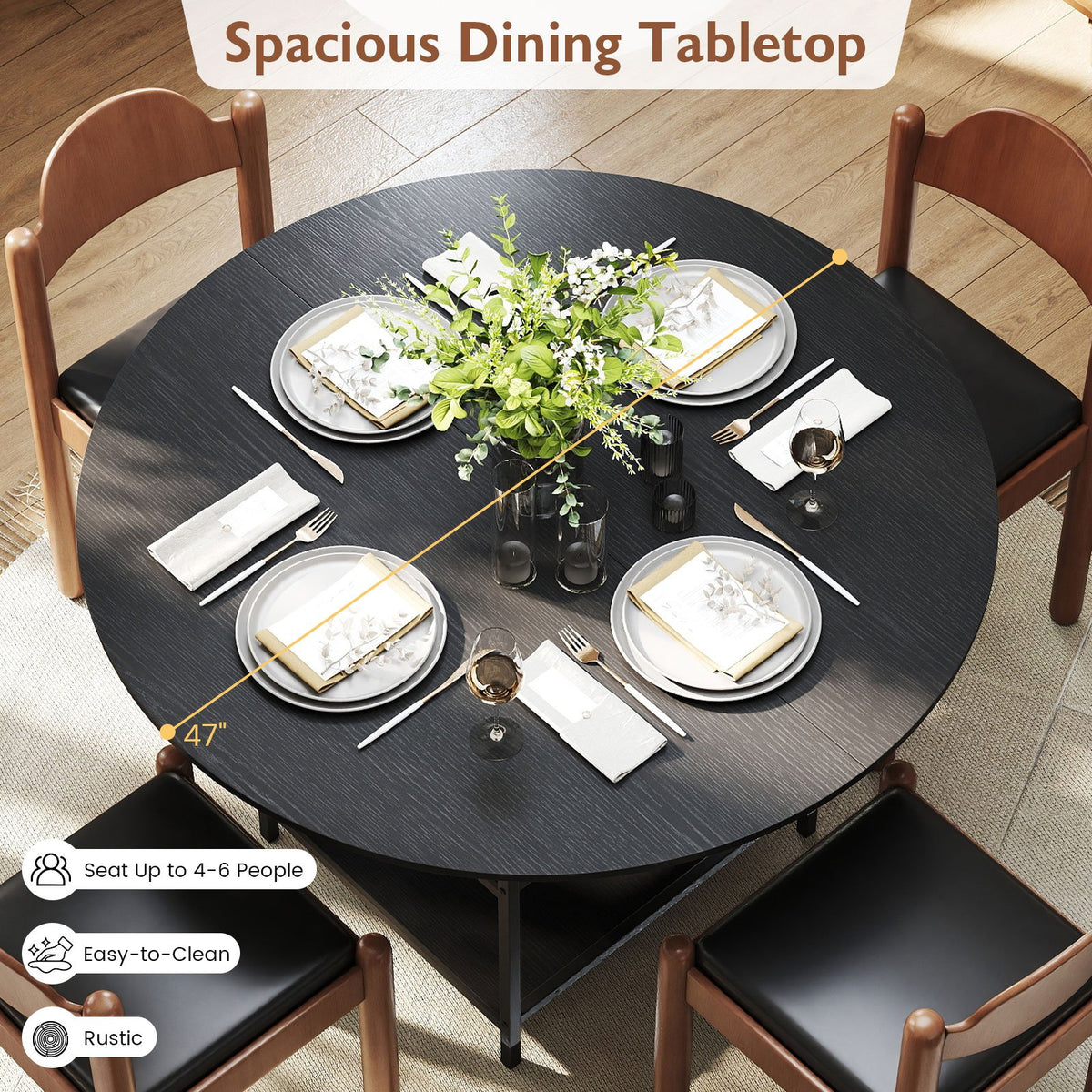 47 Inch Round Dining Table for 4-6 People Large Kitchen Table with 2-Tier Storage Shelves-Black view 9