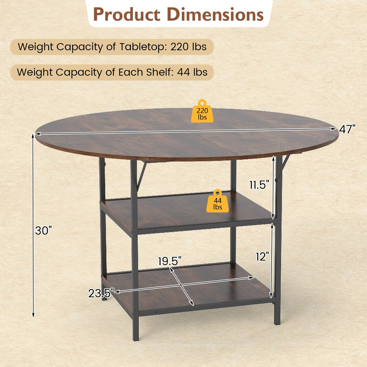 47 Inch Round Dining Table for 4-6 People Large Kitchen Table with 2-Tier Storage Shelves-Rustic Brown view 5