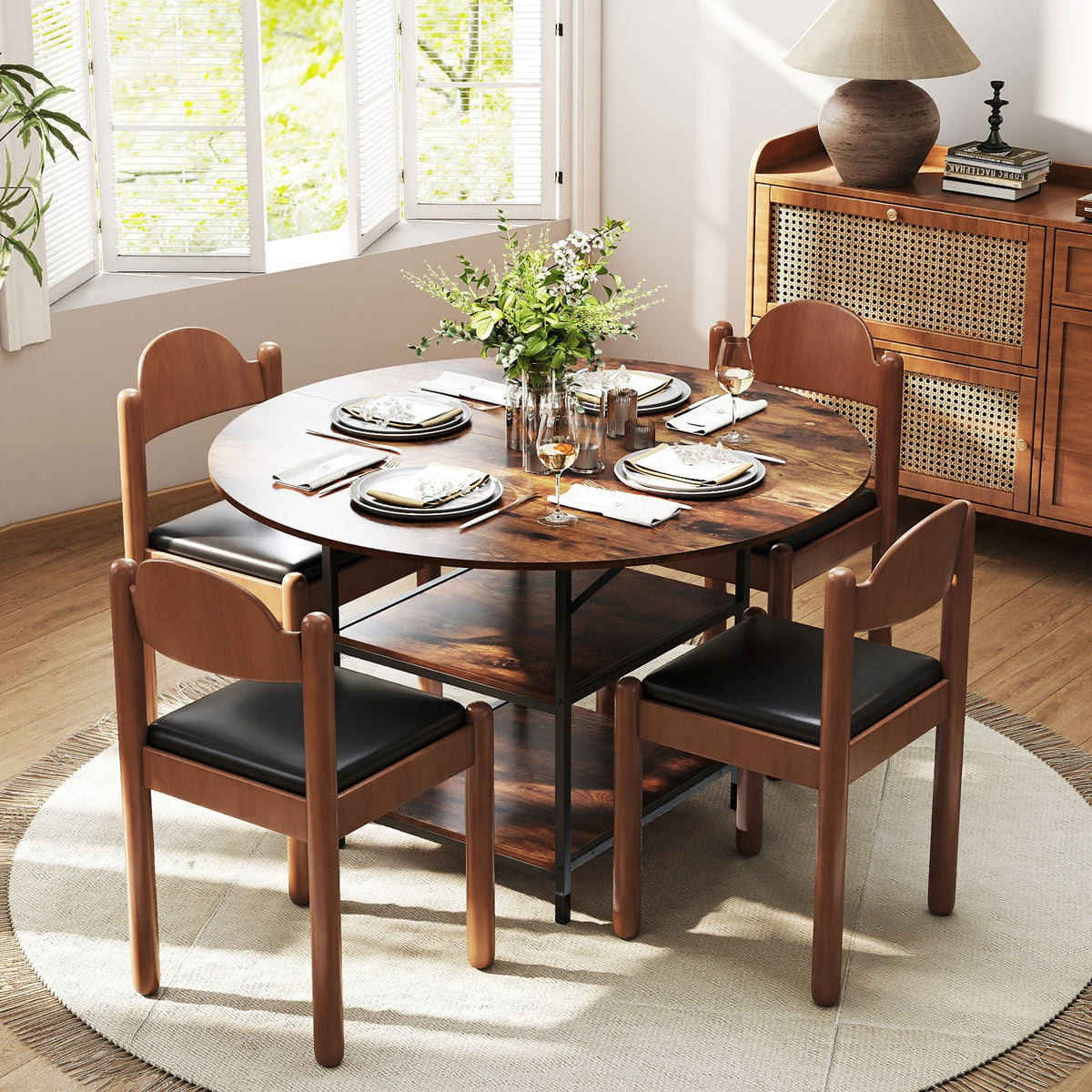 47 Inch Round Dining Table for 4-6 People Large Kitchen Table with 2-Tier Storage Shelves-Rustic Brown view 7