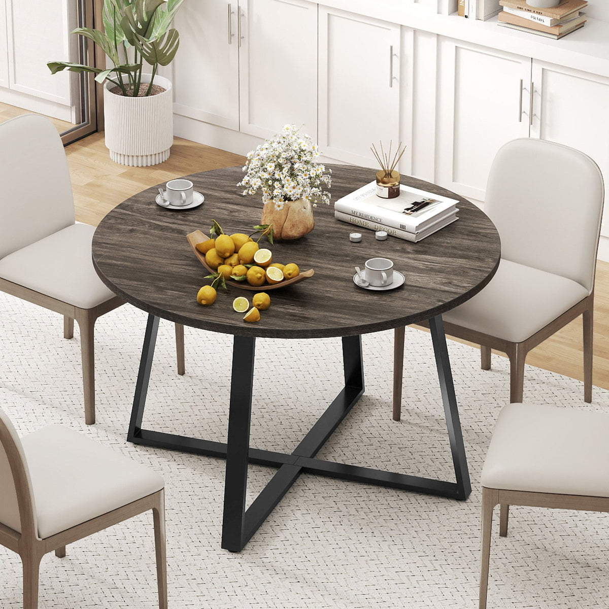 47 Inch Round Dining Table with Stable X-shaped Base and Round Thickened Tabletop-Grey view 2