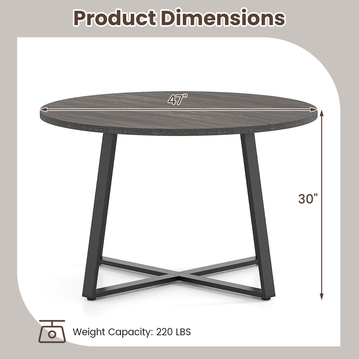 47 Inch Round Dining Table with Stable X-shaped Base and Round Thickened Tabletop-Grey view 5