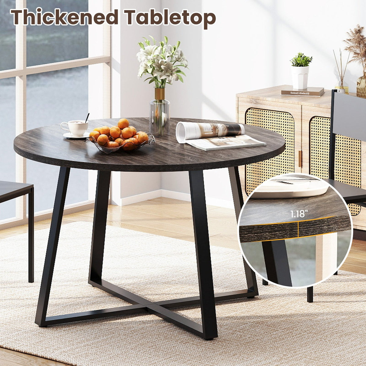 47 Inch Round Dining Table with Stable X-shaped Base and Round Thickened Tabletop-Grey view 6