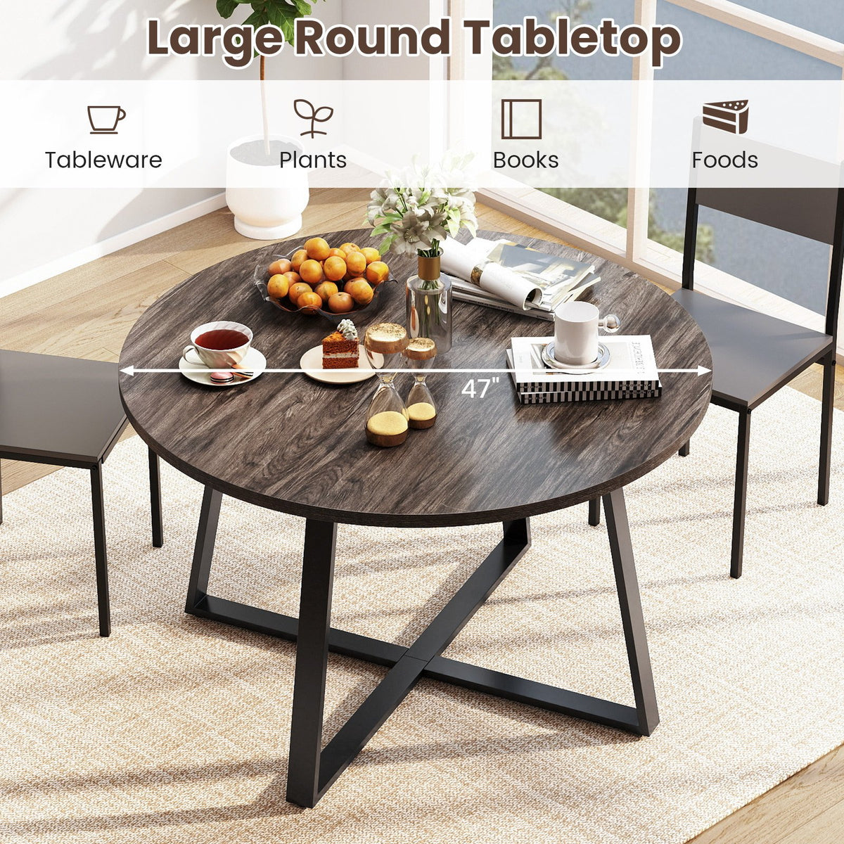 47 Inch Round Dining Table with Stable X-shaped Base and Round Thickened Tabletop-Grey view 7