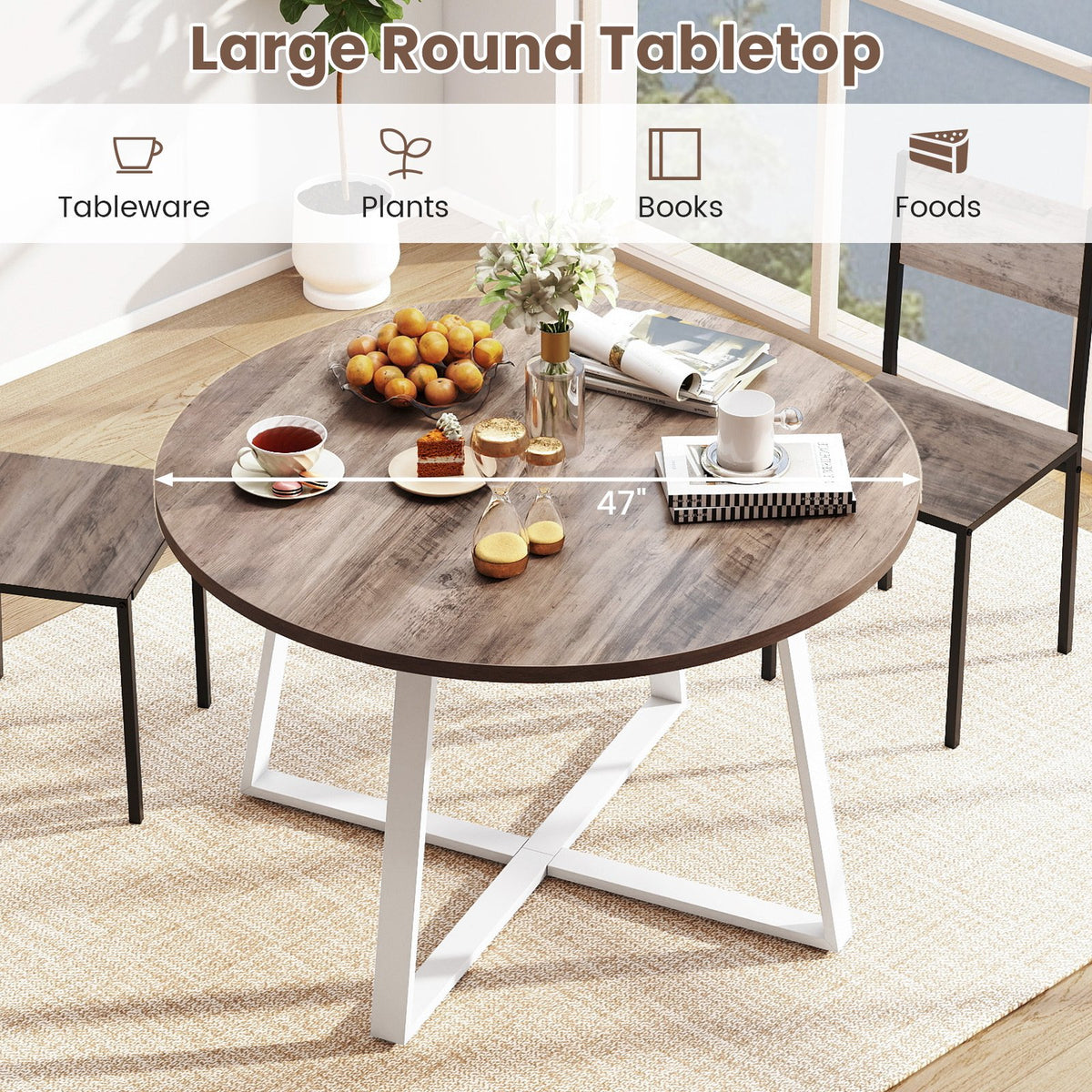 47 Inch Round Dining Table with Stable X-shaped Base and Round Thickened Tabletop-Natural view 6