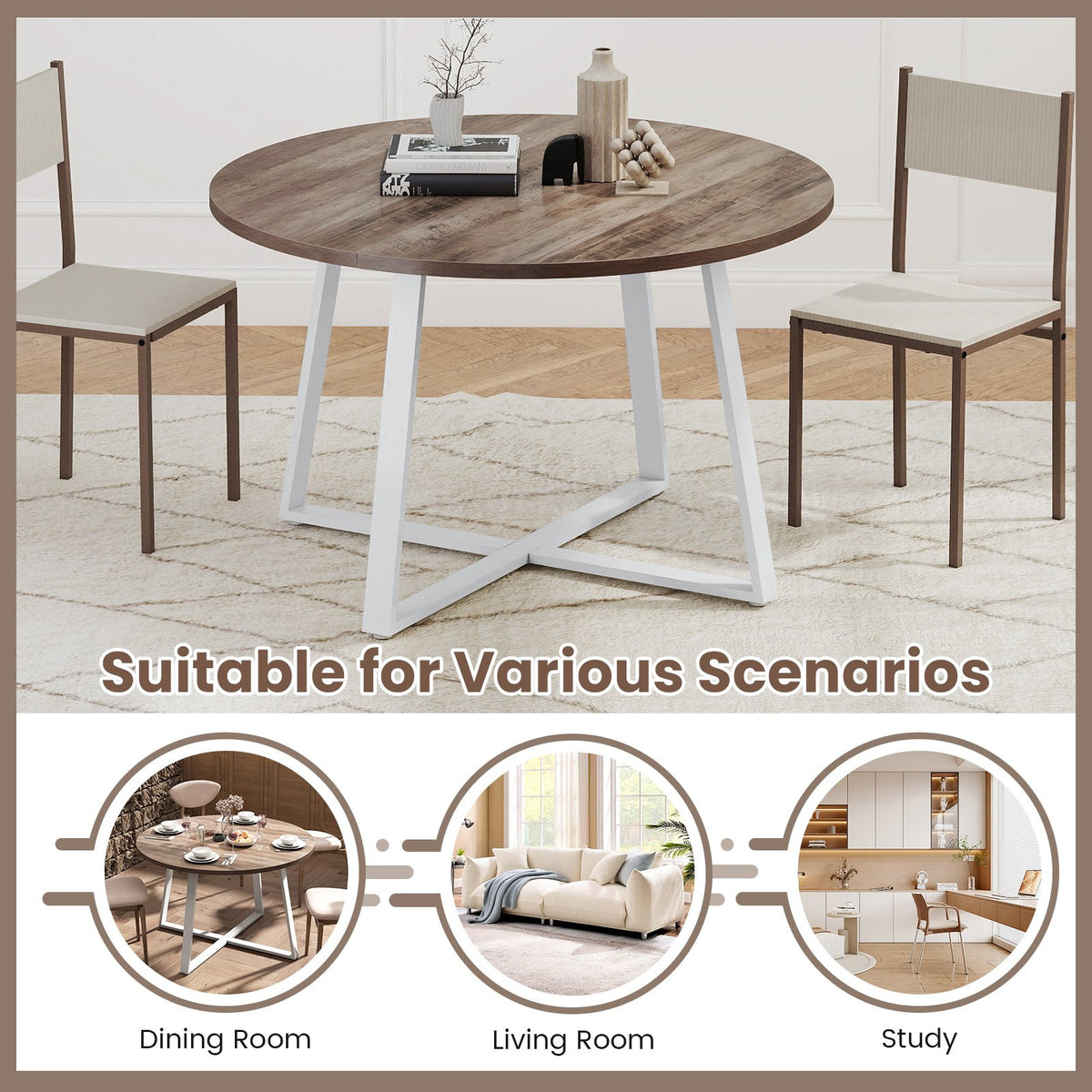 47 Inch Round Dining Table with Stable X-shaped Base and Round Thickened Tabletop-Natural view 8