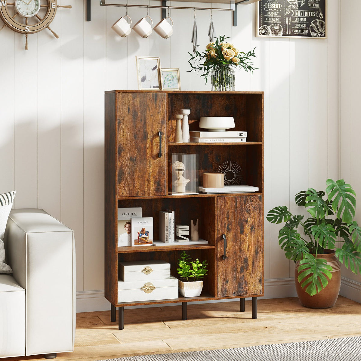 47 Inch Storage Cabinet Freestanding Bookcase with 2 Doors and 4 Open Shelves-Rustic Brown view 2