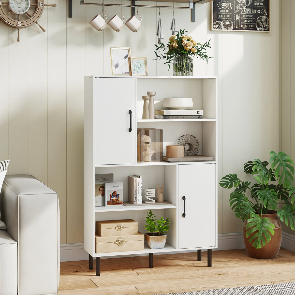 47 Inch Storage Cabinet Freestanding Bookcase with 2 Doors and 4 Open Shelves-White view 2