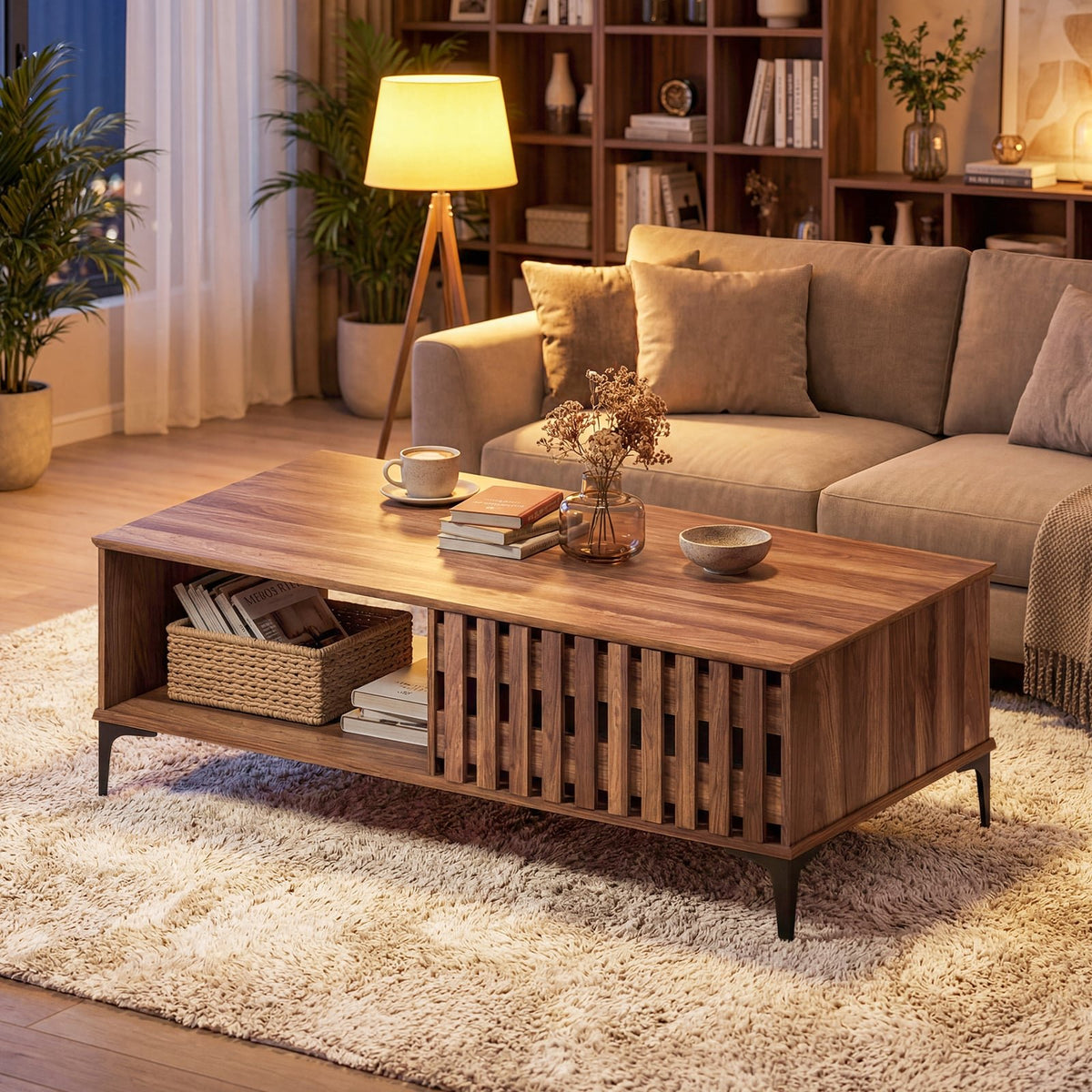 47 Inches Mid Century Coffee Table Farmhouse Wooden Center Table-Walnut view 2