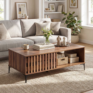 47 Inches Mid Century Coffee Table Farmhouse Wooden Center Table-Walnut view 3