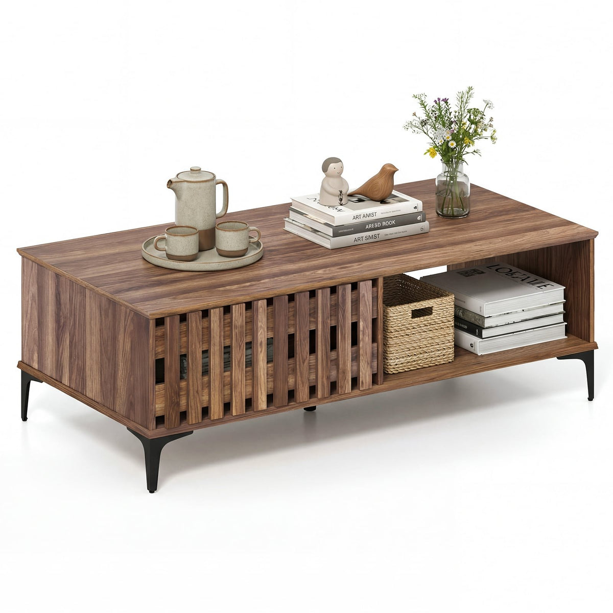 47 Inches Mid Century Coffee Table Farmhouse Wooden Center Table-Walnut view 4
