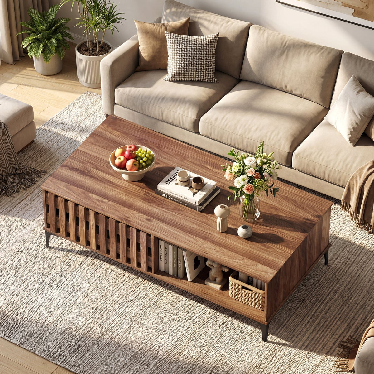 47 Inches Mid Century Coffee Table Farmhouse Wooden Center Table-Walnut view 7