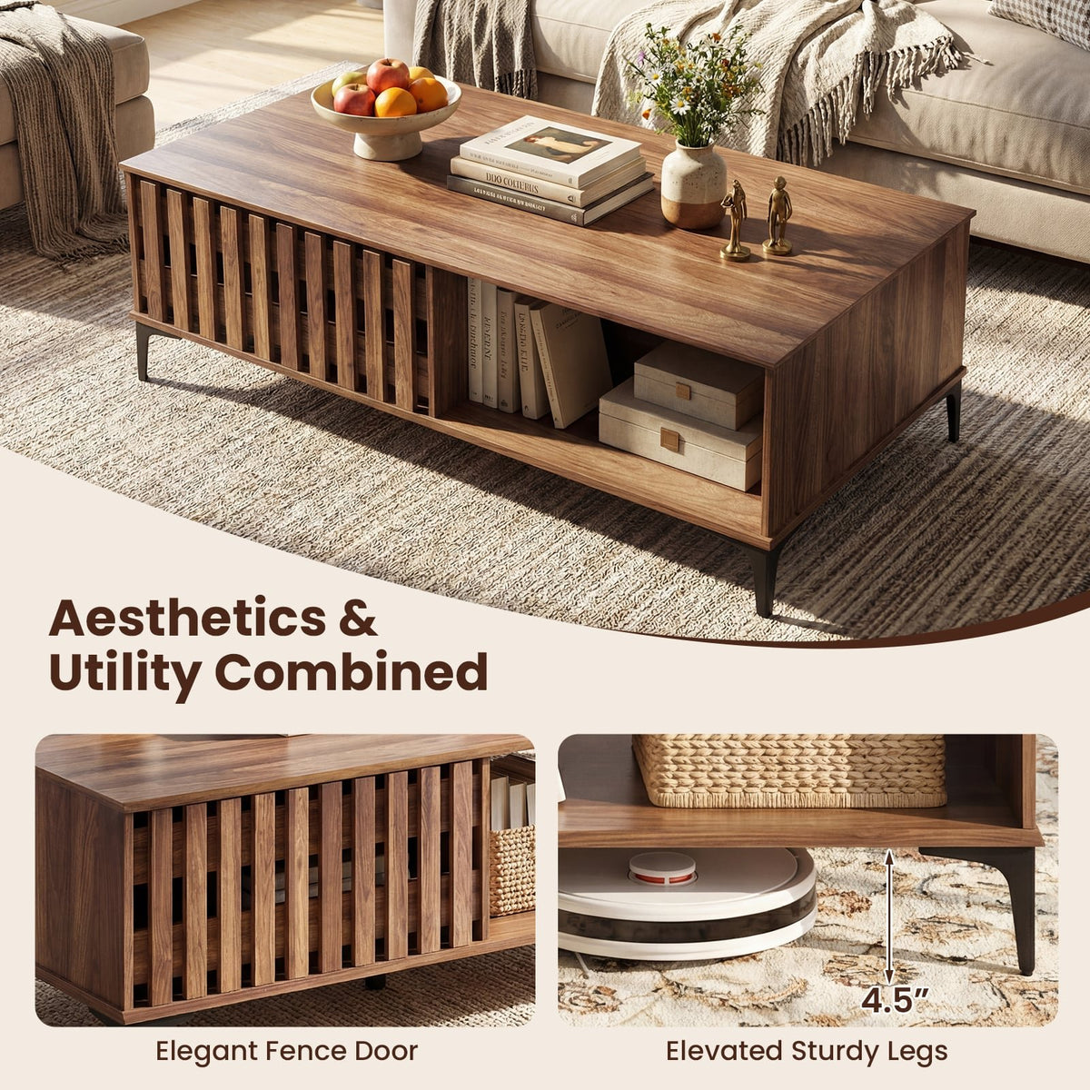47 Inches Mid Century Coffee Table Farmhouse Wooden Center Table-Walnut view 9