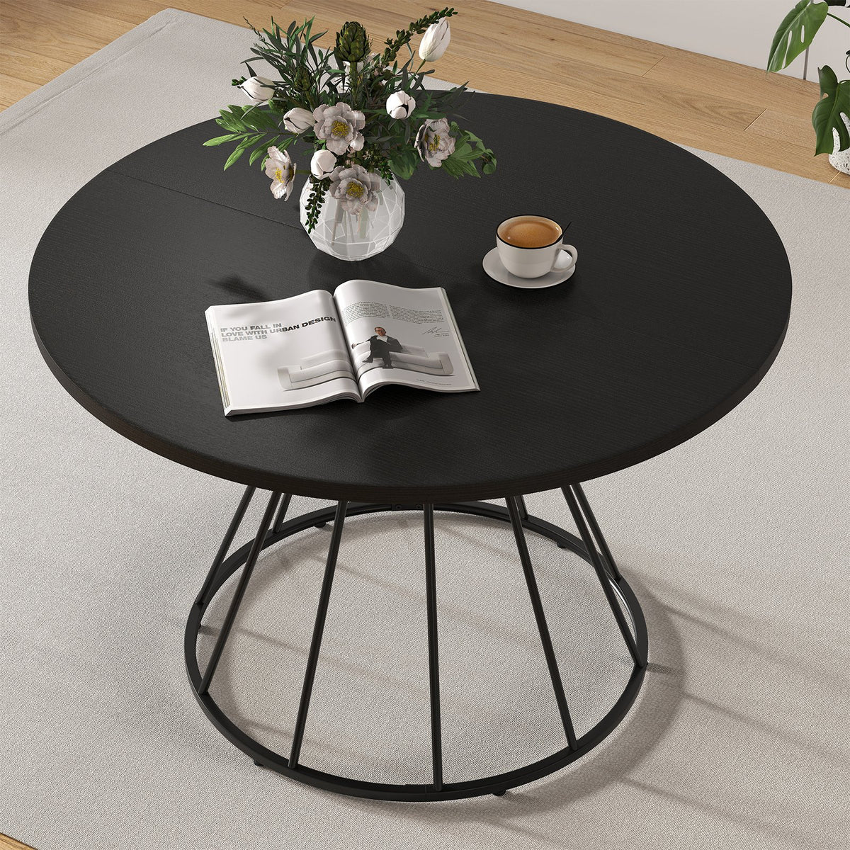 47 Inches Round Dining Table for 4 Farmhouse Kitchen Table with Wooden Tabletop-Black view 2