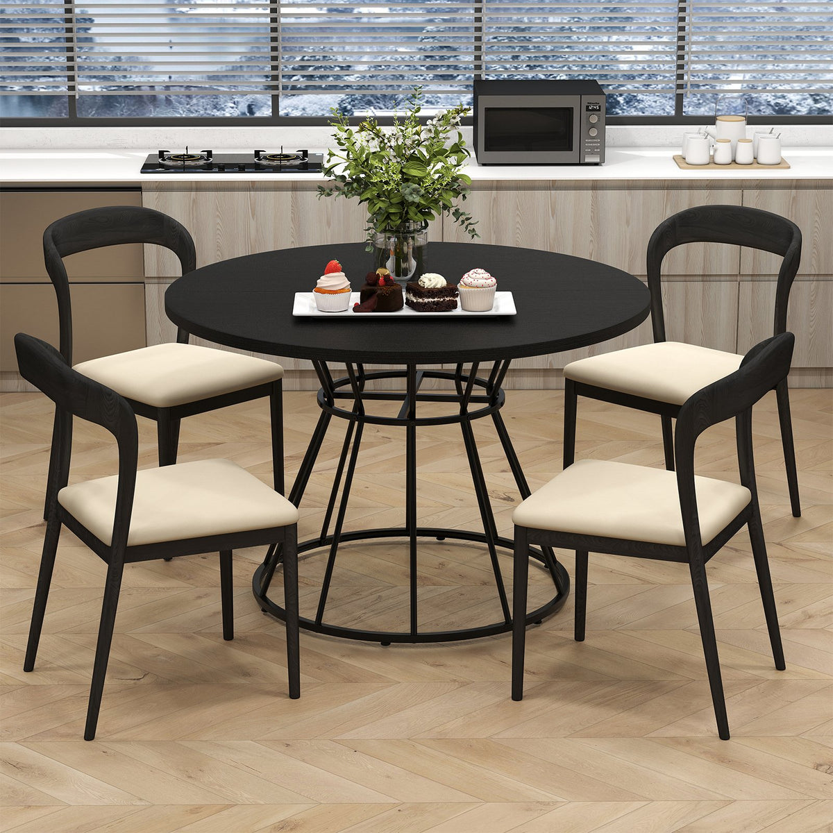 47 Inches Round Dining Table for 4 Farmhouse Kitchen Table with Wooden Tabletop-Black view 3