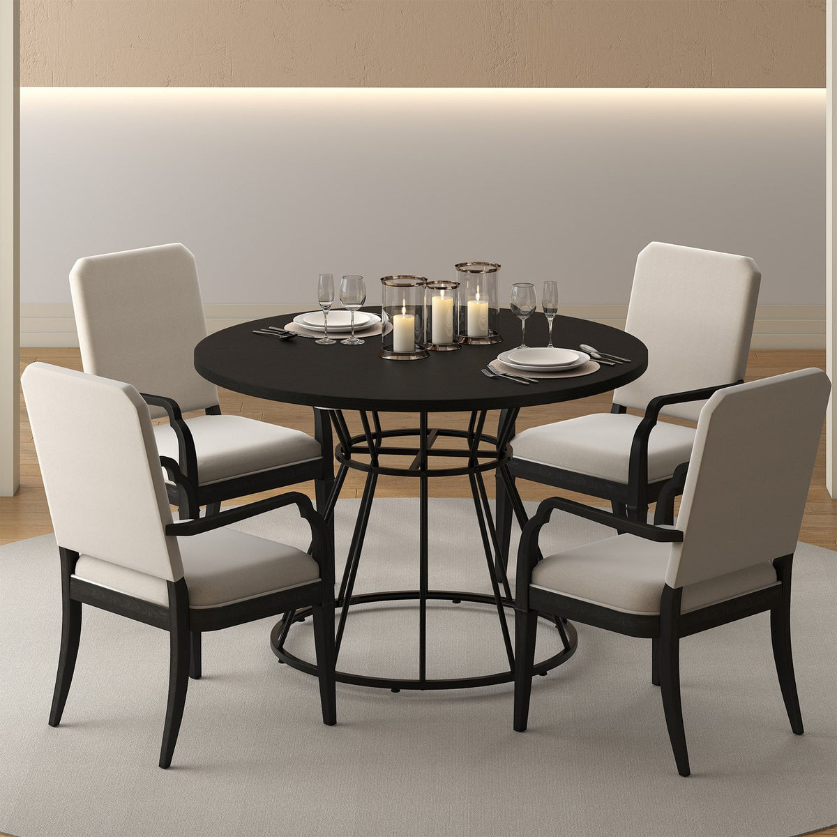 47 Inches Round Dining Table for 4 Farmhouse Kitchen Table with Wooden Tabletop-Black view 7