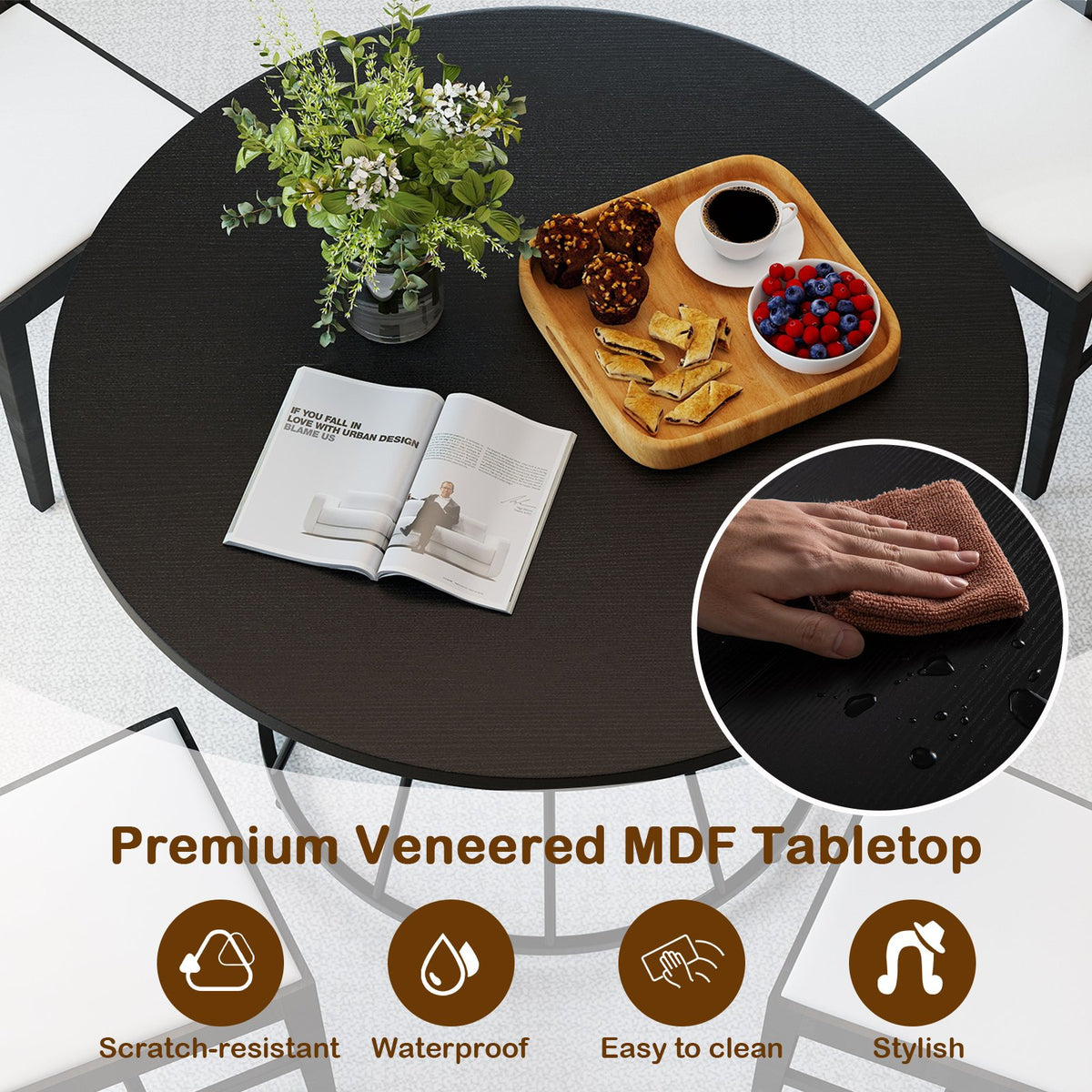 47 Inches Round Dining Table for 4 Farmhouse Kitchen Table with Wooden Tabletop-Black view 8