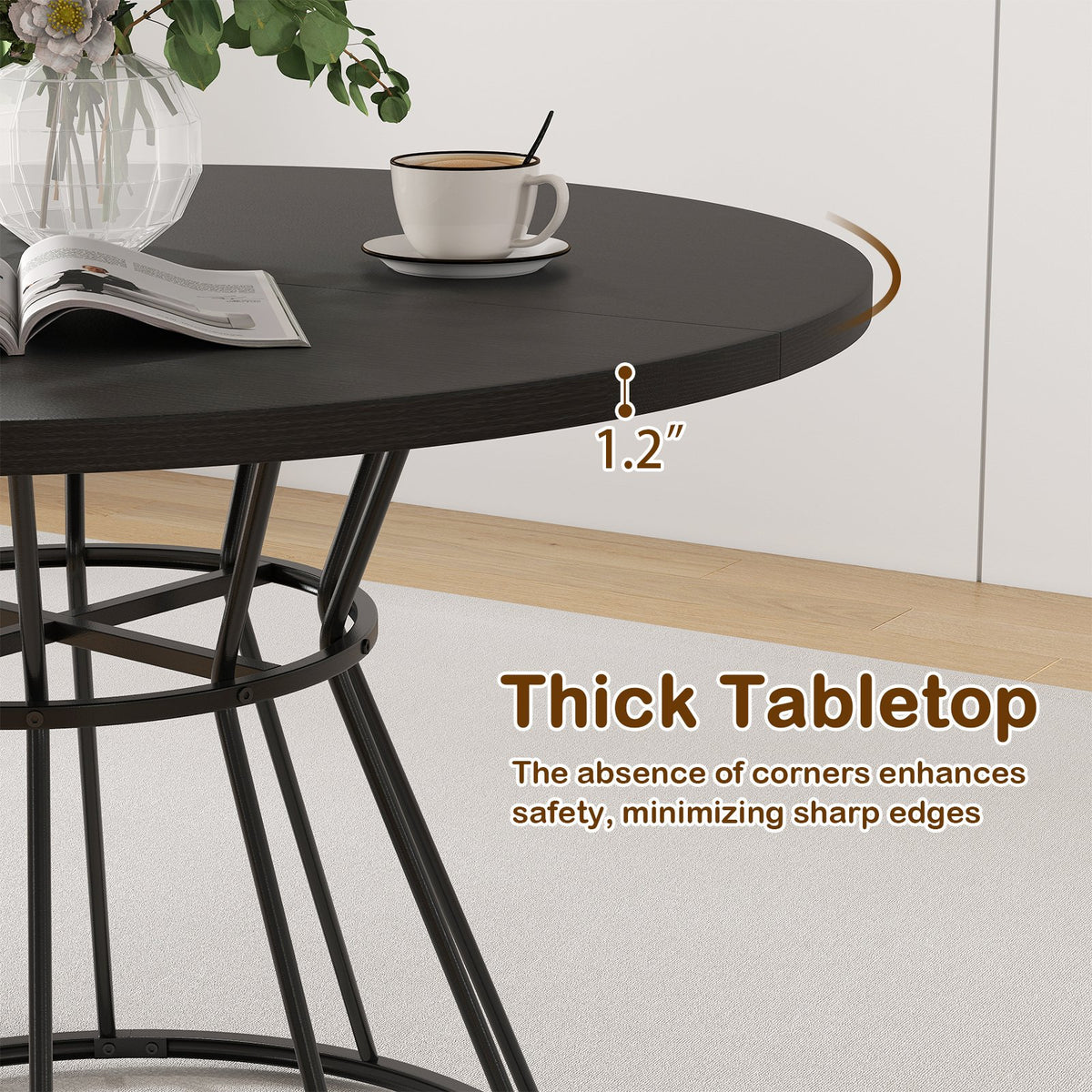 47 Inches Round Dining Table for 4 Farmhouse Kitchen Table with Wooden Tabletop-Black view 9