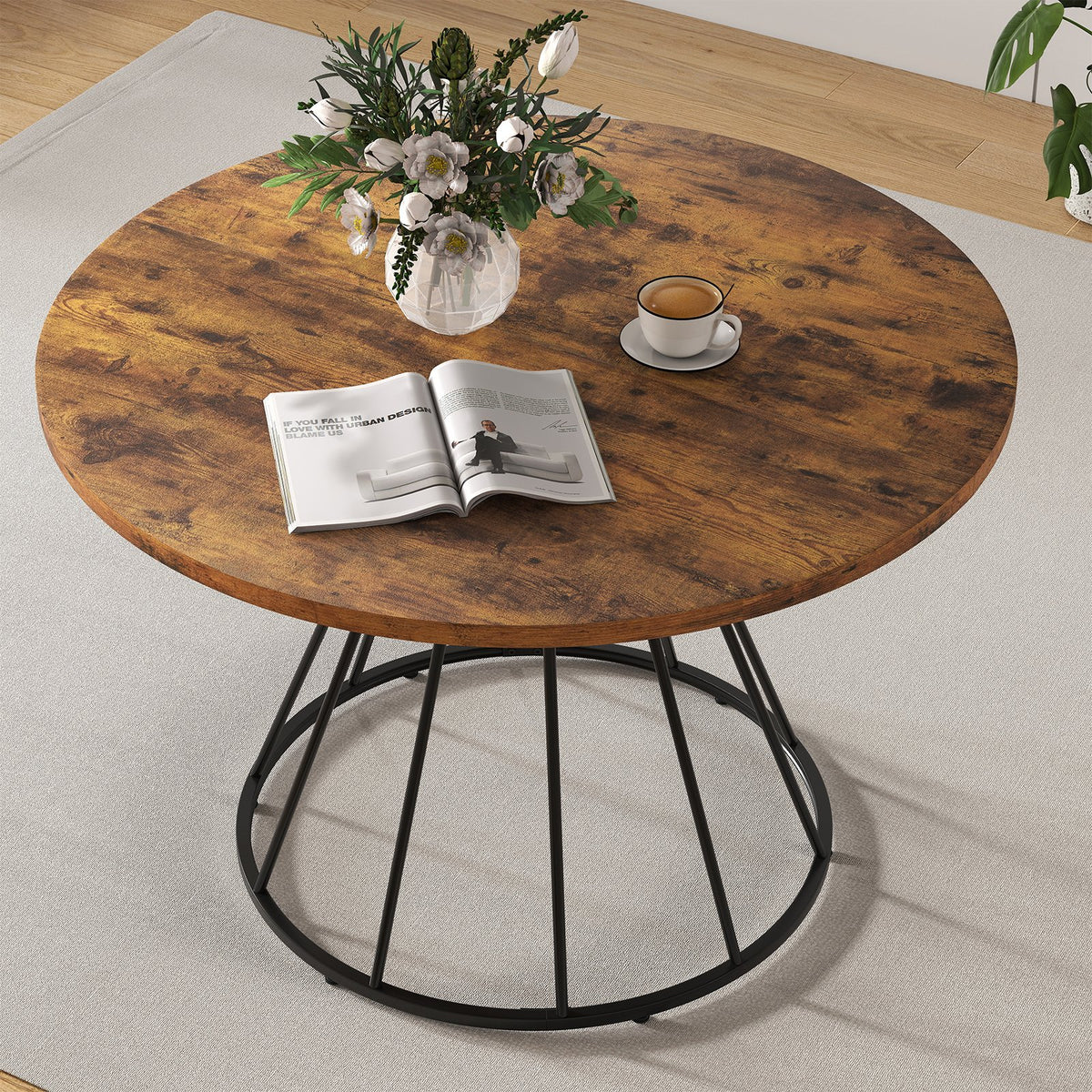 47 Inches Round Dining Table for 4 Farmhouse Kitchen Table with Wooden Tabletop-Brown view 2