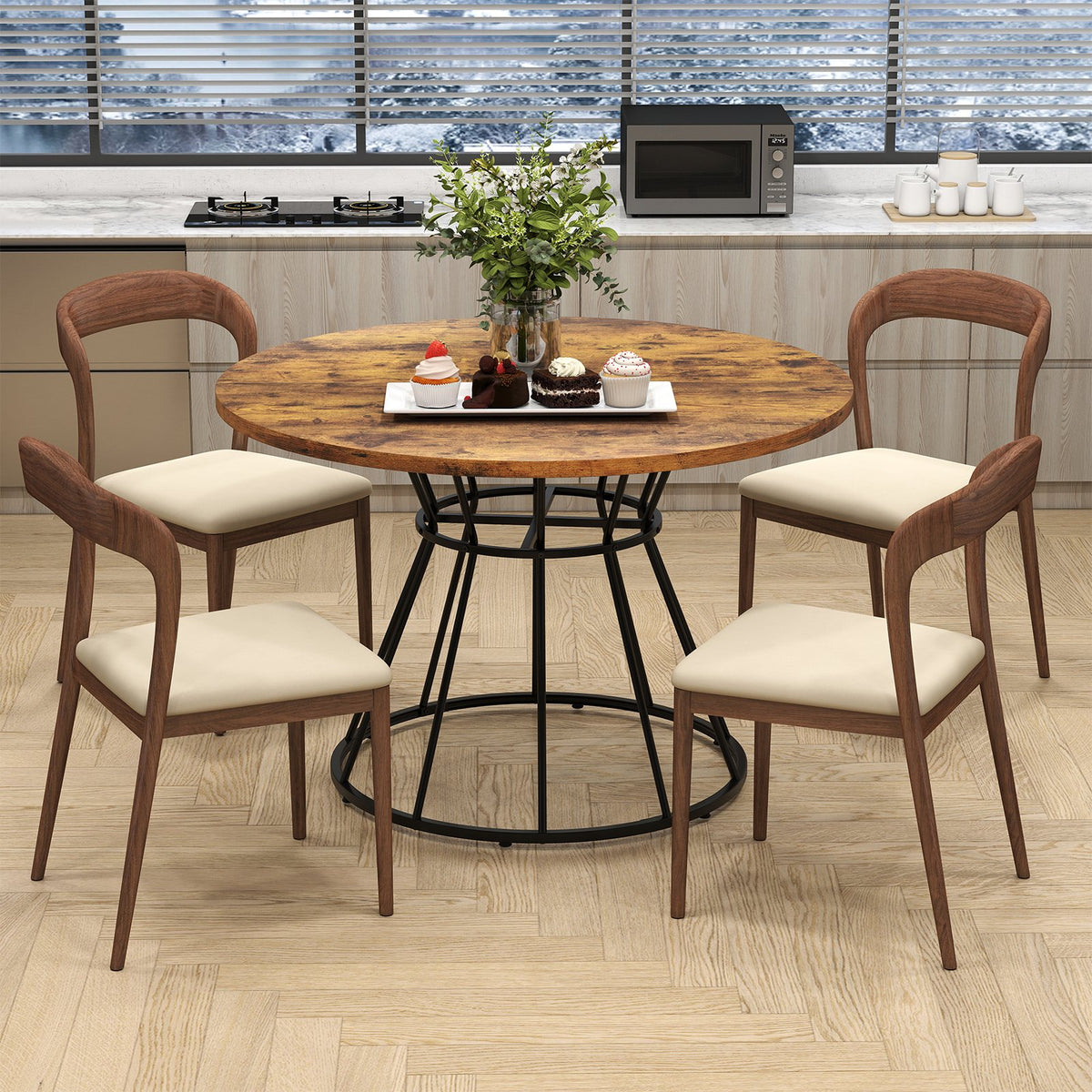 47 Inches Round Dining Table for 4 Farmhouse Kitchen Table with Wooden Tabletop-Brown view 3