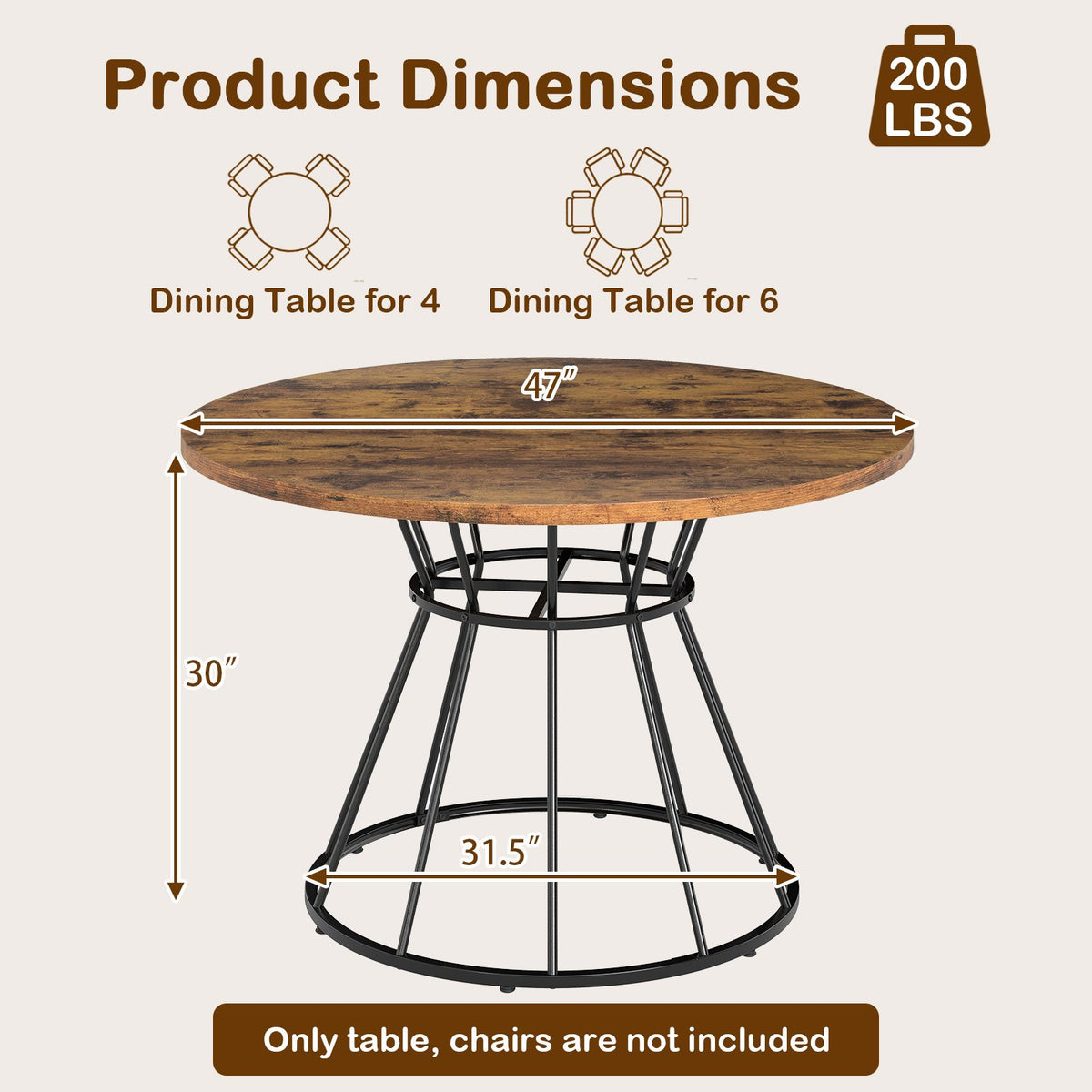 47 Inches Round Dining Table for 4 Farmhouse Kitchen Table with Wooden Tabletop-Brown view 5